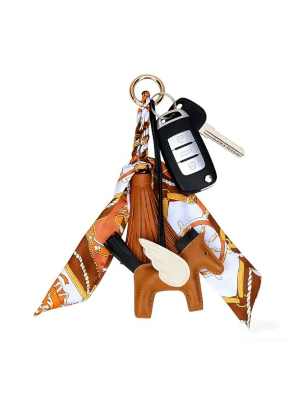Leather Horse Bag Charm with Scarf Tassel Keychain for Handbags, Totes &